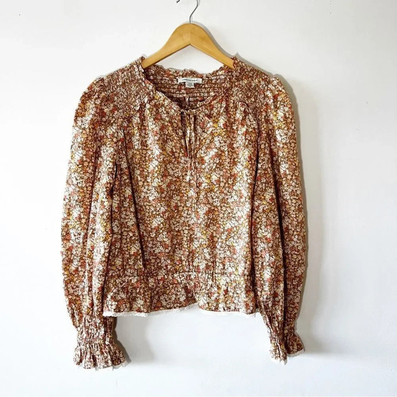 American Eagle Size Large Ditsy‎ Floral Top Smocking High Neck Brown Fall Tones - Picture 7 of 7